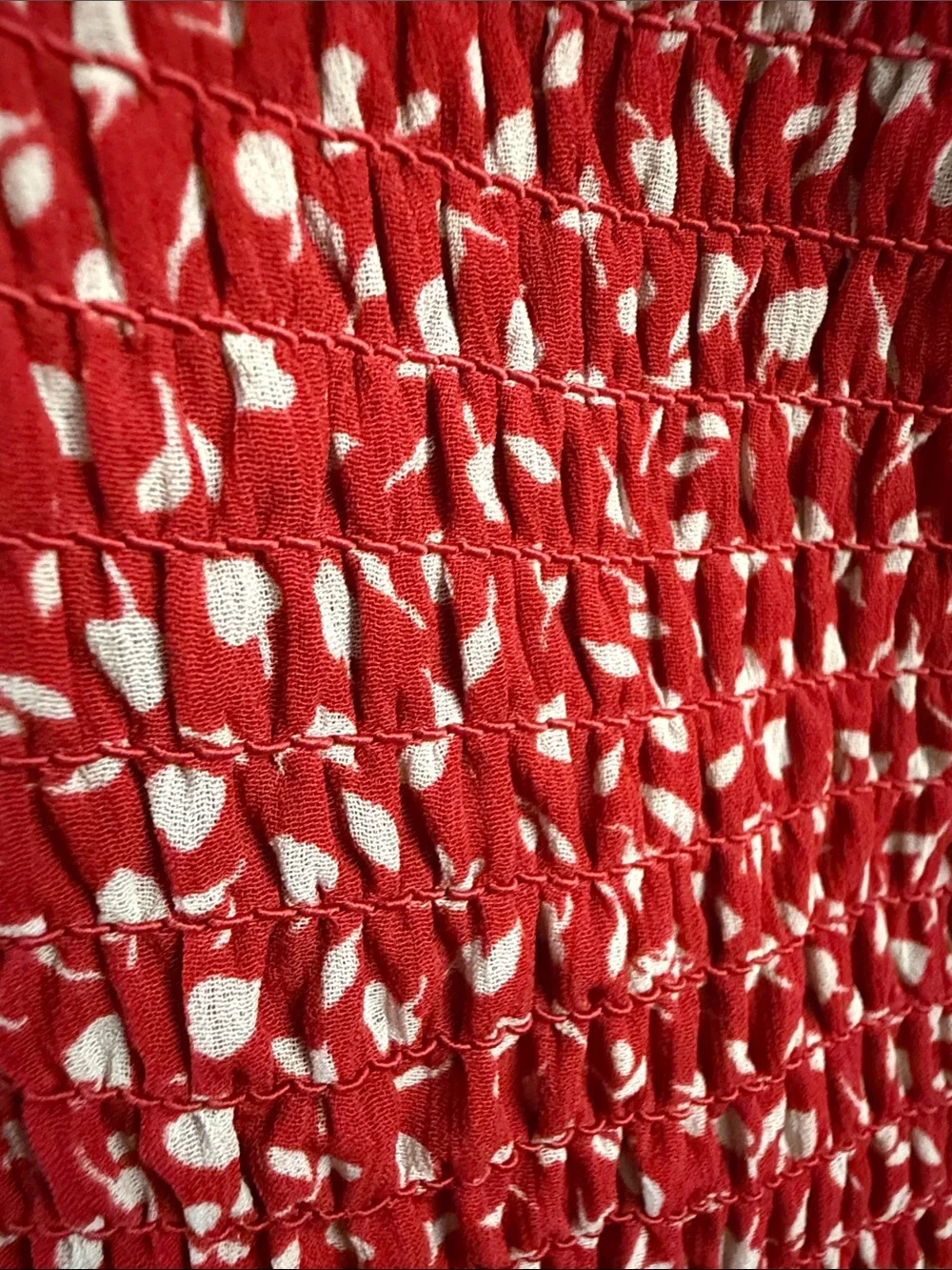 Madewell Red Smocked Peplum Blouse with White Leaf Print